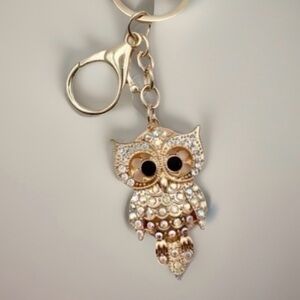 Clear and Iridescent Pink Rhinestone Gold Owl Keychain